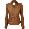 Womens Faux Leather Zip Up Moto Biker Jacket with Stitching Detail Brown Vendorist Apparels Womens Faux Leather Zip Up Moto Biker Jacket with Stitching Detail Brown