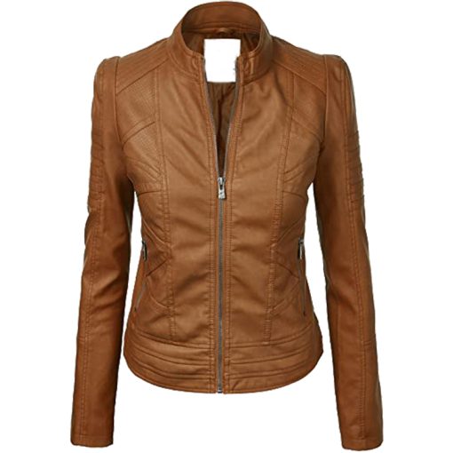 02 1 Vendorist Apparels Womens Faux Leather Zip Up Moto Biker Jacket with Stitching Detail Brown