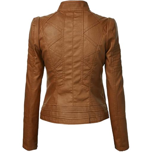 02 2 Vendorist Apparels Womens Faux Leather Zip Up Moto Biker Jacket with Stitching Detail Brown