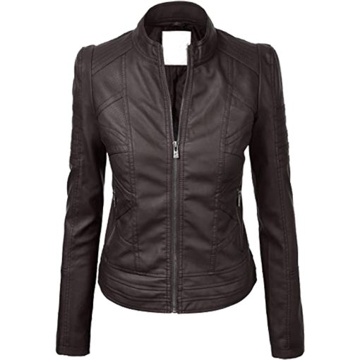 03 1 Vendorist Apparels Womens Faux Leather Zip Up Moto Biker Jacket with Stitching Detail Dark Brown