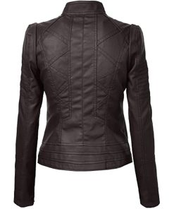 03 2 Vendorist Apparels Womens Faux Leather Zip Up Moto Biker Jacket with Stitching Detail Dark Brown