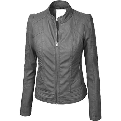 04 1 Vendorist Apparels Womens Faux Leather Zip Up Moto Biker Jacket with Stitching Detail Grey