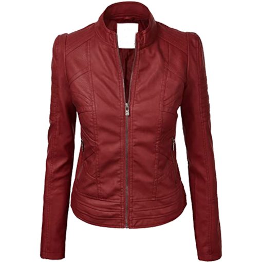 06 1 Vendorist Apparels Womens Faux Leather Zip Up Moto Biker Jacket with Stitching Detail Burgundy