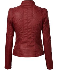 06 2 Vendorist Apparels Womens Faux Leather Zip Up Moto Biker Jacket with Stitching Detail Burgundy