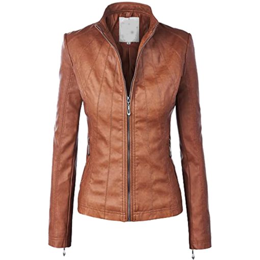 08 1 Vendorist Apparels Womens Faux Leather Zip Up Moto Biker Jacket with Stitching Detail Brown