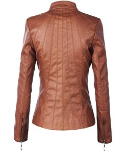 08 2 Vendorist Apparels Womens Faux Leather Zip Up Moto Biker Jacket with Stitching Detail Brown